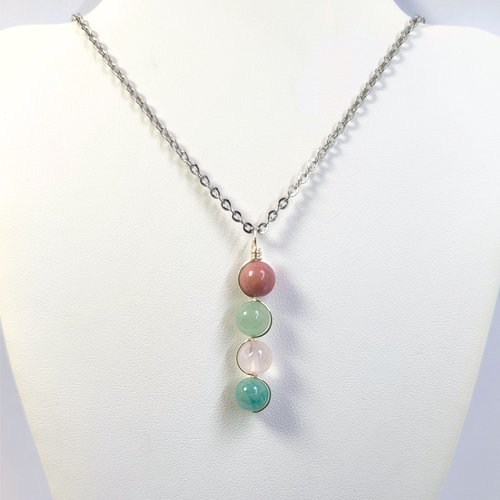 Gemstone beaded pendant with rhodochrosite, green aventurine, rose quartz and amazonite.