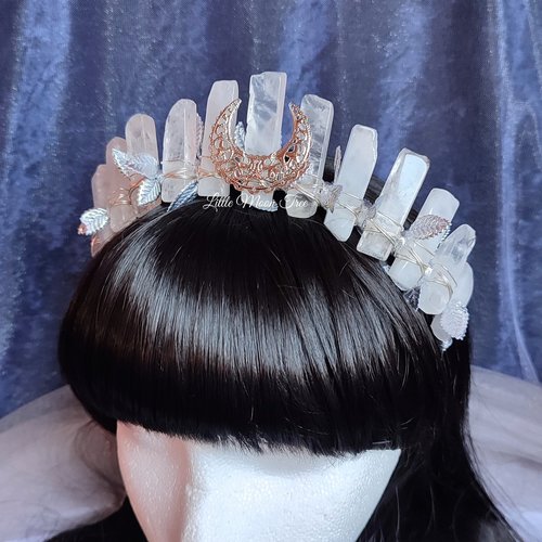 Arwen Crown featuring quartz wire wrapped onto a headband with filigree moon and silver leaf ribbon.