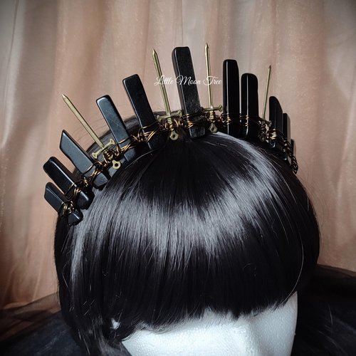 Warrior Princess Crown with black agate and bronze swords.