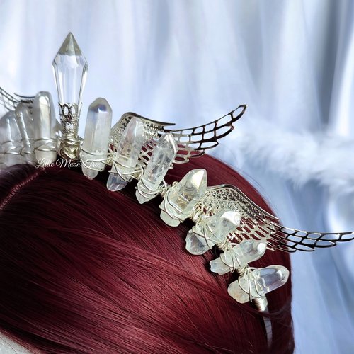 Angelus Crown with aura quartz, glass crystal and silver filigree wings.