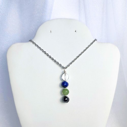 Study and exams gemstone pendant with quartz, lapis lazuli, fluorite and hematite with chain or cord.