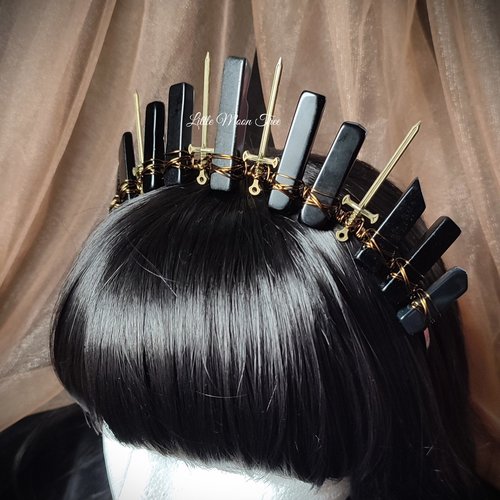 Warrior Princess Crown with black agate and bronze swords.
