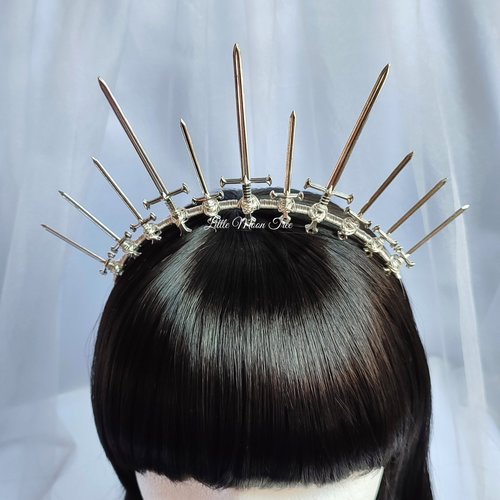 Queen of Swords Crown with silver swords wire wrapped onto a headband.
