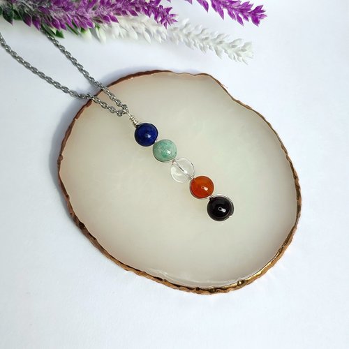 Creativity pendant with lapis lazuli, amazonite, quartz, carnelian and garnet.