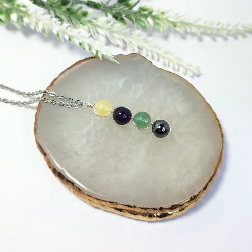 Sobriety gemstone pendant with citrine, amethyst, fluorite, hematite and chain or cord.