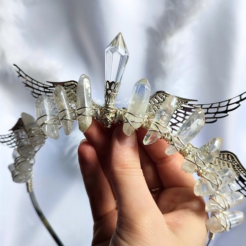 Angelus Crown with aura quartz, glass crystal and silver filigree wings.