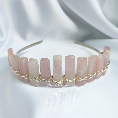 Rose quartz headband with silver plated wire.