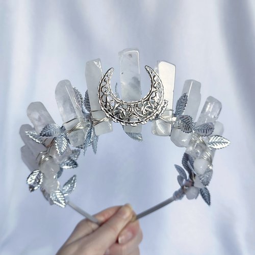 Arwen Crown featuring quartz wire wrapped onto a headband with filigree moon and silver leaf ribbon.