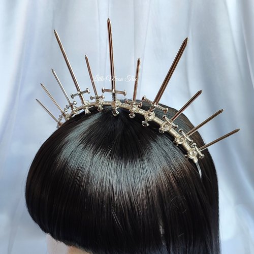Queen of Swords Crown with silver swords wire wrapped onto a headband.