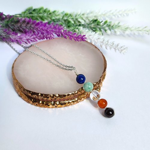 Creativity pendant with lapis lazuli, amazonite, quartz, carnelian and garnet.