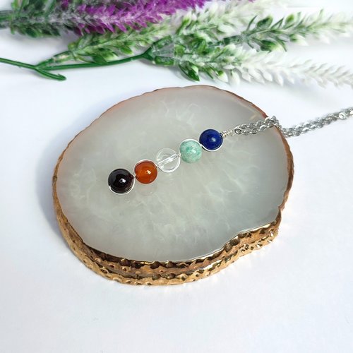 Creativity pendant with lapis lazuli, amazonite, quartz, carnelian and garnet.