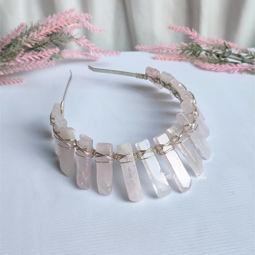 Aphrodite crystal crown with rose quartz wire wrapped onto a silver headband.