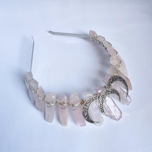Isis Goddess crown featuring rose quartz wire wrapped onto a headband with three silver filigree moons.