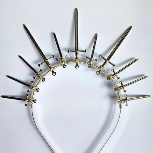 Queen of Swords Crown with silver swords wire wrapped onto a headband.