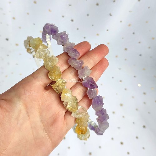 Raw amethyst and citrine headbands wire wrapped onto a silver headband.