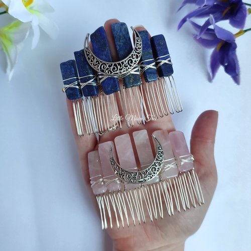 Lapis lazuli and rose quartz combs.