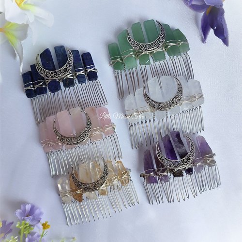 Crystal combs with silver moon in various gemstones.