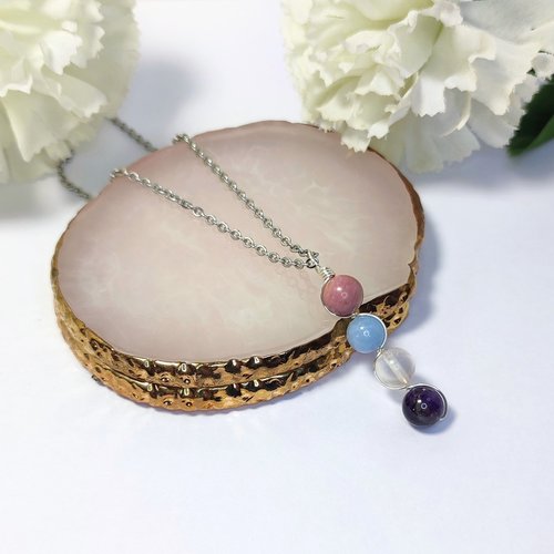 Necklace for grief with rhodochrosite, angelite, rose quartz and amethyst with chain or cord.