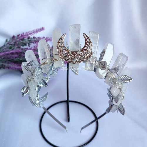 Arwen Crown featuring quartz wire wrapped onto a headband with filigree moon and silver leaf ribbon.
