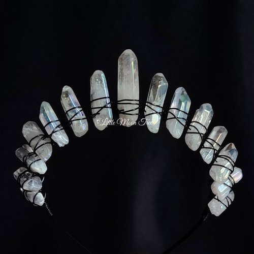Angel Dust Crown featuring angel aura quartz wire wrapped onto a black headband.
