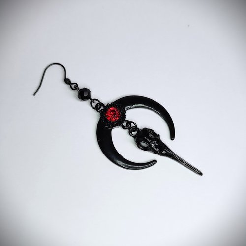 Black moon and raven dangle earrings with fishhooks.