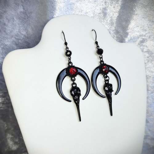 Black moon and raven dangle earrings with fishhooks.