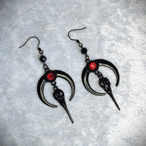 Black moon and raven dangle earrings with fishhooks.