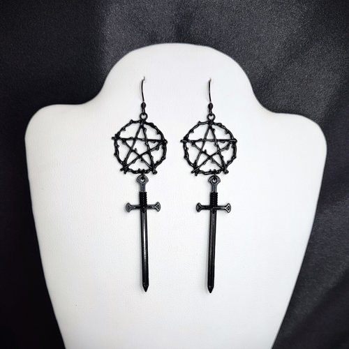 Black pentacle and sword earrings.