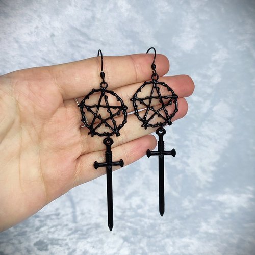 Black pentacle and sword earrings.