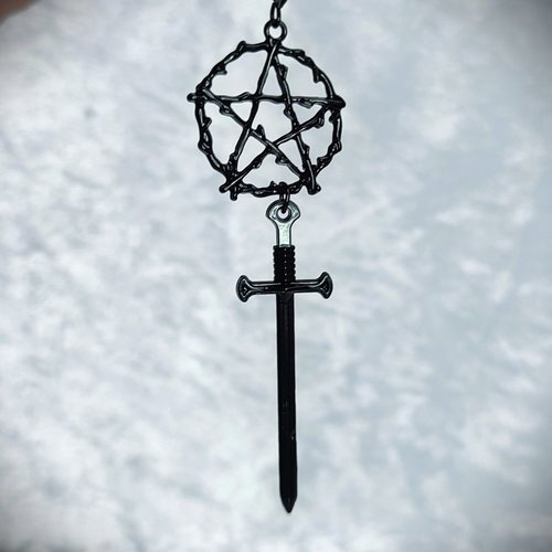 Black pentacle and sword earrings.
