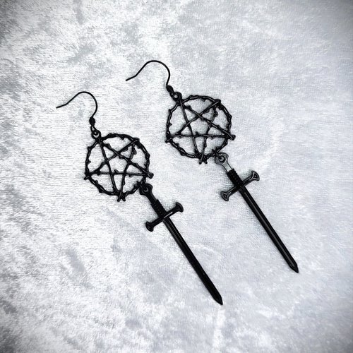 Black pentacle and sword earrings.