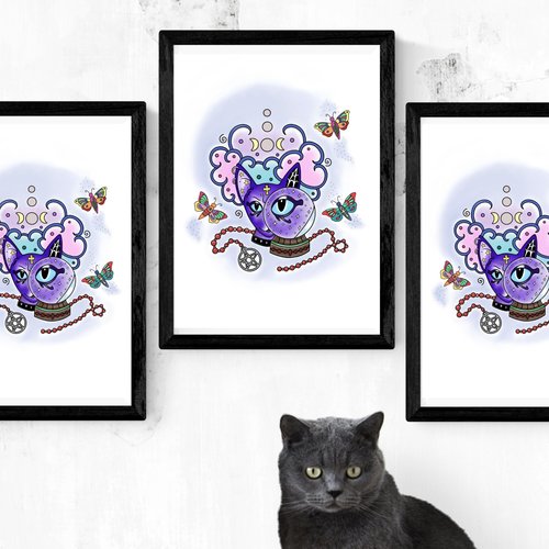 Mystic Cat with Crystal Ball Art Print