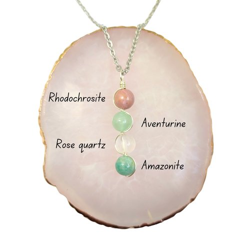 Gemstone beaded pendant with rhodochrosite, green aventurine, rose quartz and amazonite.