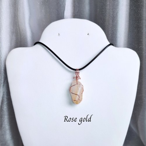 Citrine wire wrapped pendant in gold, rose gold or copper with cord.