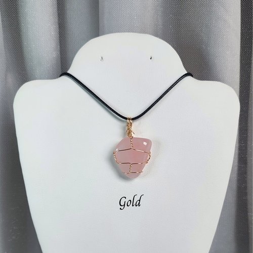 Rose quartz wire wrapped pendant in gold, rose gold or copper.