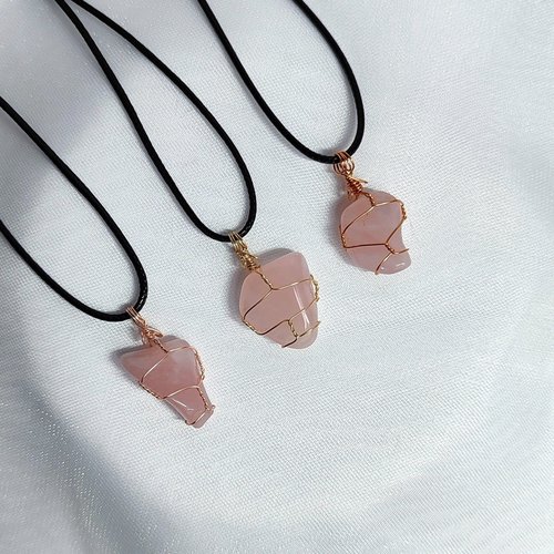 Rose quartz wire wrapped pendant in gold, rose gold or copper.