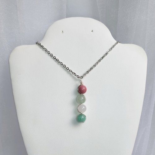 Gemstone beaded pendant with rhodochrosite, green aventurine, rose quartz and amazonite.