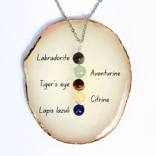 Gemstone pendant for promotion and success with labradorite, aventurine, tiger's eye, citrine and lapis lazuli with chain or cord.