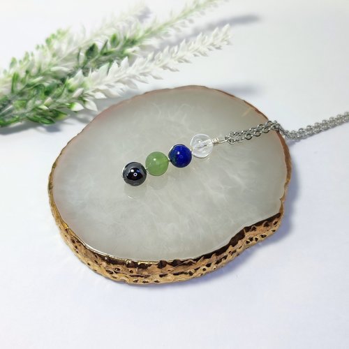 Study and exams gemstone pendant with quartz, lapis lazuli, fluorite and hematite with chain or cord.