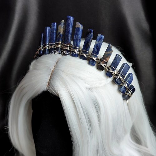 Atlantis crystal crown with sodalite wire wrapped onto a headband.