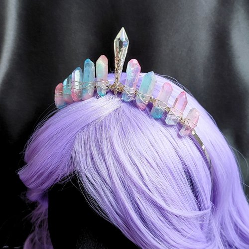 Unicorn Queen crown with blue and pink titanium quartz and glass crystal.