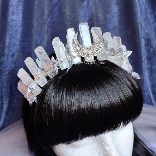 Arwen Crown featuring quartz wire wrapped onto a headband with filigree moon and silver leaf ribbon.