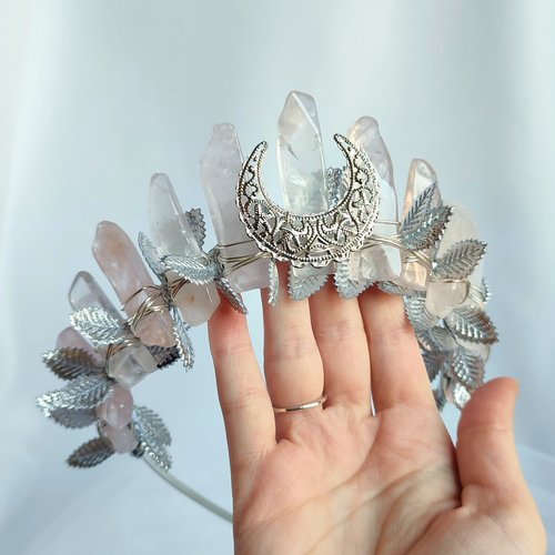 Venus Crown featuring rose quartz wire wrapped onto a headband with leaves in gold or silver.