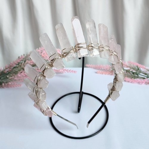 Aphrodite crystal crown with rose quartz wire wrapped onto a silver headband.
