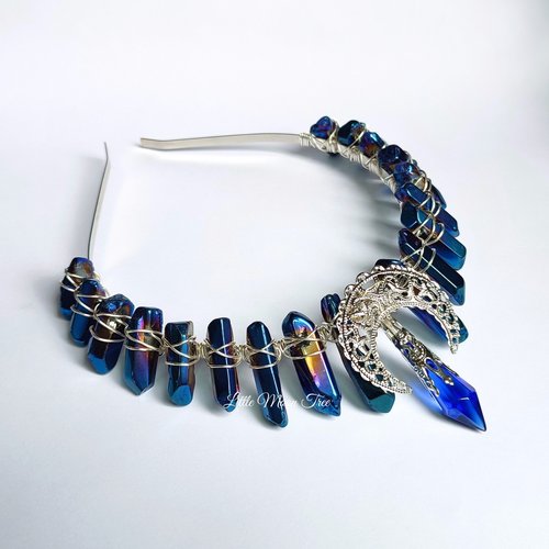 Selene crown with blue titanium quartz, glass crystal and filigree moon.