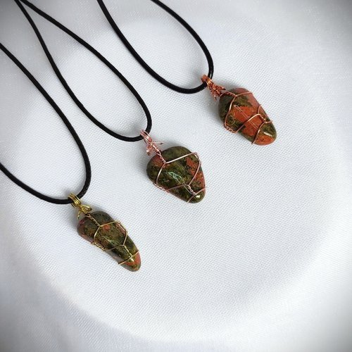 Unakite wire wrapped pendant in silver, gold or rose gold.