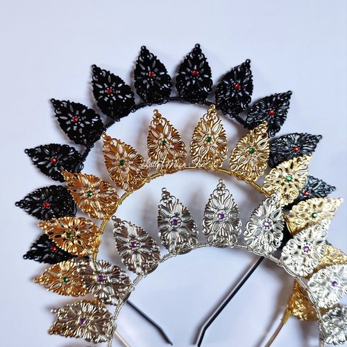 Halo crowns with filigree teardrops in silver, gold or black.