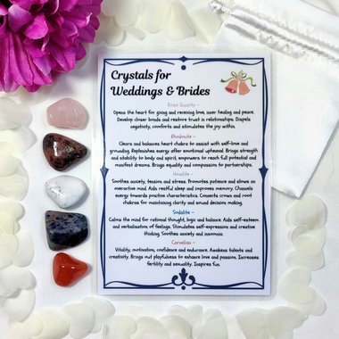 Crystal set for marriage, weddings, brides and grooms with rose quartz, rhodonite, howlite, sodalite, carnelian and information card.