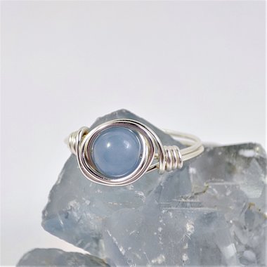 Angelite wire wrapped ring with silver or copper band.