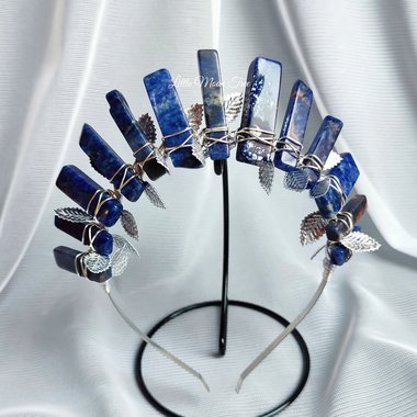 Skye Crown with sodalite wire wrapped onto a headband with silver leaf ribbon.